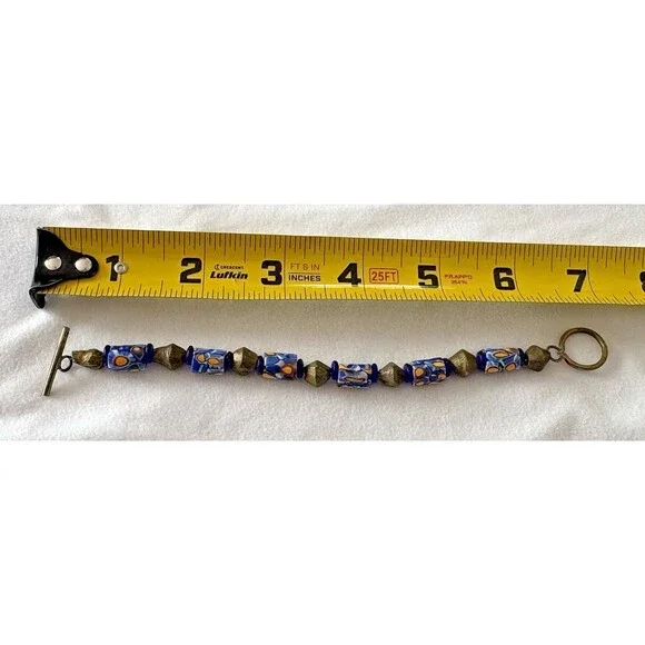 Bracelet Venetian Millefiori Glass African Trade Beads Yellow Blue Cylindrical - Picture 12 of 12